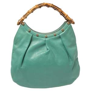 مملوكة مسبقًا Gucci Green Leather Studded Bamboo Handle Hobo