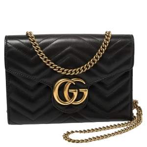 Gucci Black Matelasse Leather GG Marmont Wallet On Chain
