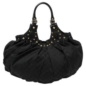 Pre Owned Gucci Black GG Canvas and Leather Pelham Studded Hobo