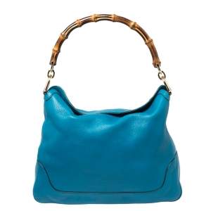 Pre Owned Gucci Blue Pebbled Leather Diana Bamboo Handle Shoulder Bag