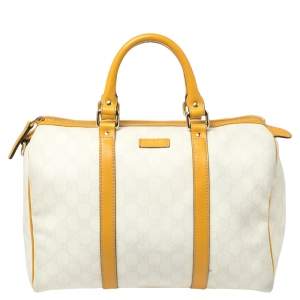 Pre Owned Gucci Off White/Yellow GG Supreme Canvas and Leather Medium Joy Boston Bag
