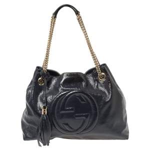 Pre Owned Gucci Navy Blue Patent Leather Medium Soho Chain Tote