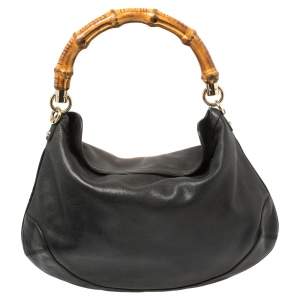 Pre Owned Gucci Black Leather Peggy Bamboo Hobo