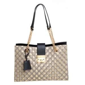 Pre Owned Gucci Beige/Black GG Supreme Canvas and Leather Padlock Bee Tote