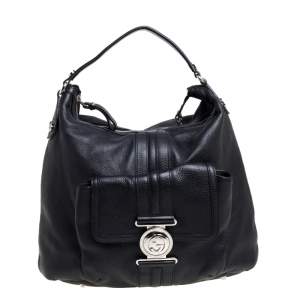 Gucci Black Grained Leather Medium G Coin Hobo 