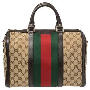 Pre Owned Gucci Beige/Brown GG Canvas and Leather Medium Vintage Web Boston Bag