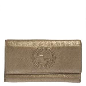Pre Owned Gucci Gold Leather Soho Continental Wallet