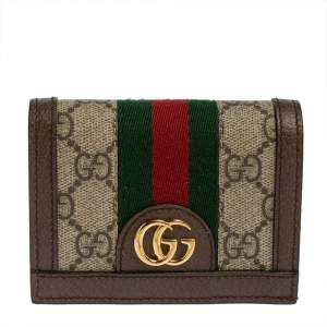 Pre Owned Gucci Brown GG Supreme Canvas and Leather Web Ophidia Card Case Wallet