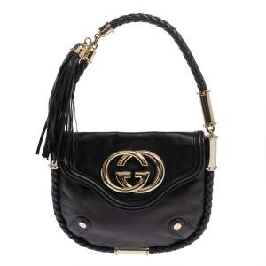 Pre Owned Gucci Black Leather Small Britt Tassel Hobo