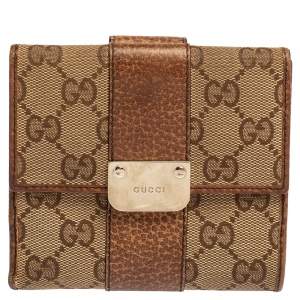 Pre Owned Gucci Beige GG Canvas and Leather French Flap Wallet