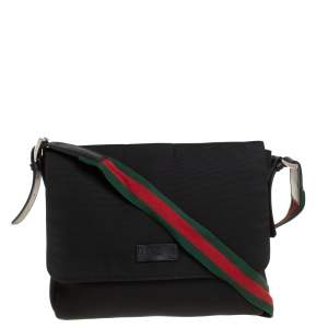 Pre Owned Gucci Black Techno Canvas Web Flap Messenger Bag