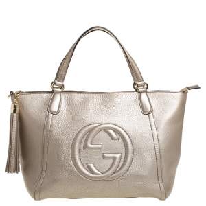 Pre Owned Gucci Metallic Beige Pebbled Leather Soho Working Tote 