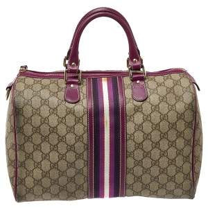 Pre Owned Gucci Beige/Purple GG Coated Canvas Medium Joy Web Boston Bag