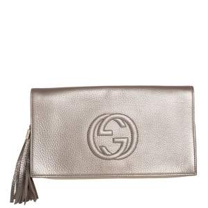 Pre Owned Gucci Gold Pebbled Leather Soho Clutch