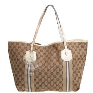 Gucci Beige/Cream GG Canvas and Patent Leather Large Jolie Web Charms Tote