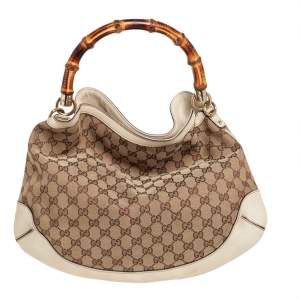 Pre Owned Gucci Beige/Off White GG Canvas Diana Bamboo Hobo