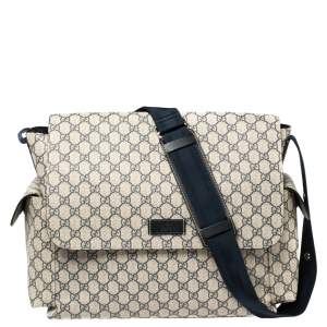 Pre Owned Gucci Beige/Blue GG Supreme Canvas Messenger Diaper Bag 