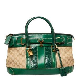 Pre Owned Gucci Beige/Green GG Canvas/Leather and Crocodile Secret Satchel