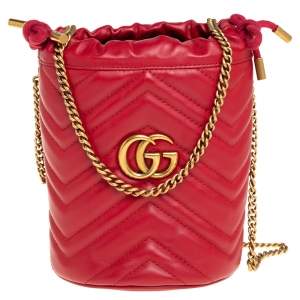Pre Owned Gucci Red Matelasse Leather Mini GG Marmont Torchon Bucket Bag      