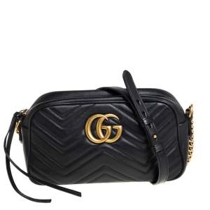 مملوكة مسبقًا Gucci Black Matelasse Leather Small GG Marmont Shoulder Bag