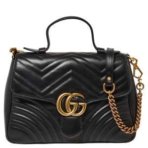 Pre Owned Gucci Black Matelasse Leather Small GG Marmont Top Handle Bag