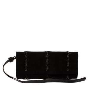 Pre Owned Gucci Black Suede Eyelet Wristlet Clutch