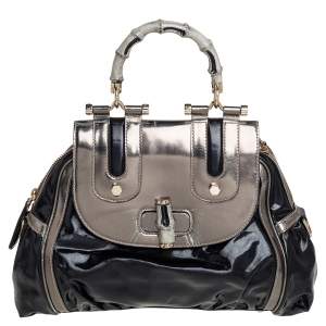 Gucci Black Coated Nylon and Patent Leather Dialux Pop Bamboo Top Handle Bag