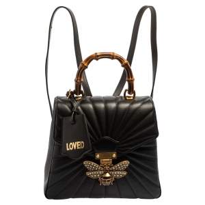 Pre Owned Gucci Black Leather Queen Margaret Bamboo Handle Backpack