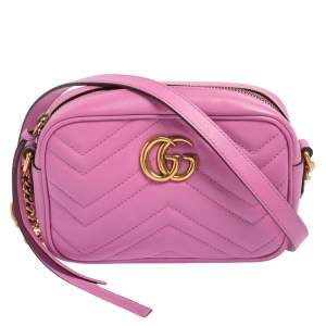 Pre Owned Gucci Pink Matelassé Leather Mini GG Marmont Crossbody Bag