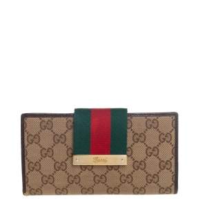 مملوكة مسبقًا Gucci Beige/Ebony GG Canvas and Leather Web Flap Continental Wallet