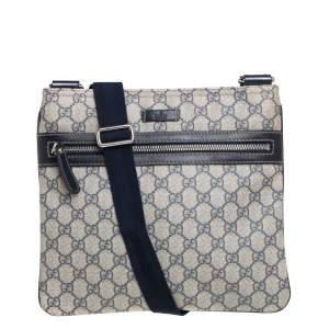 Pre Owned Gucci Beige/Blue GG Supreme Canvas Flat Messenger Bag