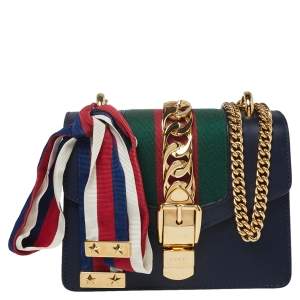 Pre Owned Gucci Navy Blue Leather Mini Web Chain Sylvie Shoulder Bag