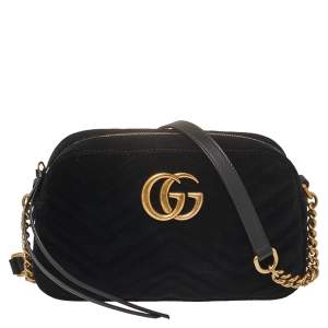 Gucci Black Matelassé Velvet Small GG Marmont Camera Crossbody Bag
