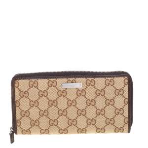 Pre Owned Gucci Beige/Ebony GG Canvas and Leather Zip Around Wallet