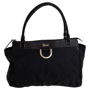 Pre Owned Gucci Black GG Canvas and Leather D Ring Tote