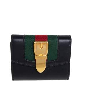 Gucci Black Leather Web Sylvie Trifold Wallet