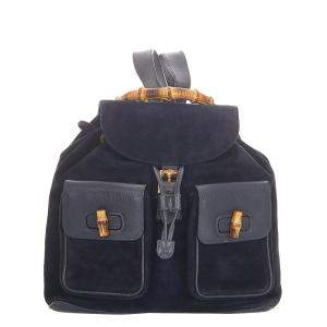 Pre Owned Gucci Black Suede and Leather Bamboo Drawstring Backpack