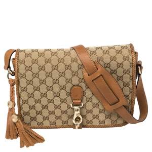 Pre Owned Gucci Beige/Brown GG Canvas and Leather Medium Marrakech Tassel Messenger Bag