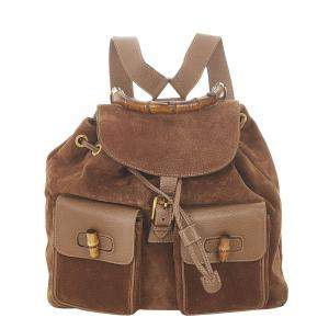 Pre Owned Gucci Brown Suede Bamboo Drawstring Backpack