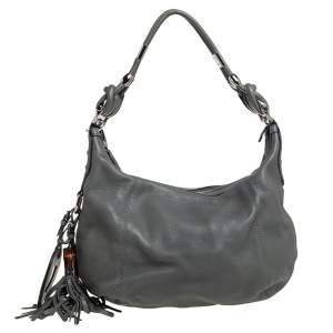 Pre Owned Gucci Grey Leather Small Techno Horsebit Bamboo Tassel Hobo