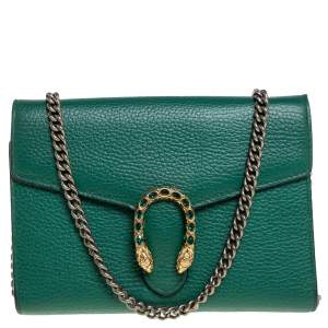 Pre Owned Gucci Green Leather Dionysus Wallet On Chain