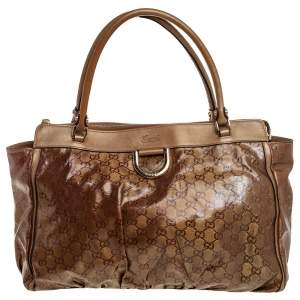 Gucci Metallic/Brown GG Crystal Canvas and Leather D Ring Tote