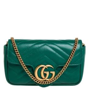 Gucci Green Matelasse Leather Super Mini GG Marmont Crossbody Bag