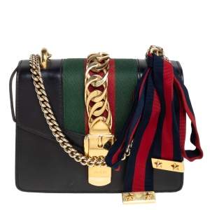 Pre Owned Gucci Black Leather Mini Web Chain Sylvie Crossbody Bag