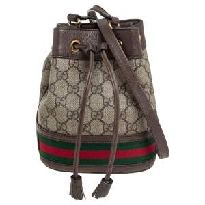 Pre Owned Gucci Beige/Ebony GG Supreme Canvas and Leather Mini Ophidia Bucket Bag 