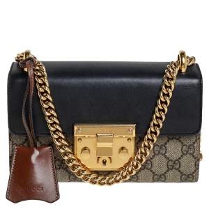 Pre Owned Gucci Black/Beige GG Supreme Canvas and Leather Small Padlock Shoulder Bag