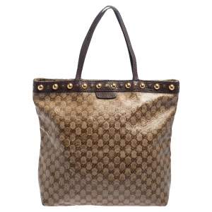 Pre Owned Gucci Beige/Ebony GG Crystal and Leather Large Babouska Vertical Shopping Tote