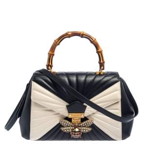 Pre Owned Gucci Black/White Quilted Leather Medium Queen Margaret Bamboo Top Handle Bag