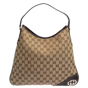 Pre Owned Gucci Brown/Beige GG Canvas and Leather Trim New Britt Hobo