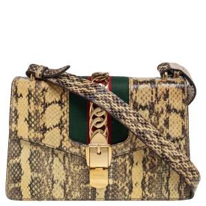 Pre Owned Gucci Cream Snakeskin Small Web Chain Sylvie Shoulder Bag